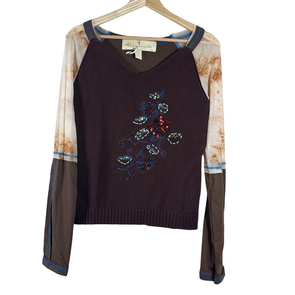 Mosquito Jean USA Womens L Brown Knit Embroidered Sequin Mesh Sleeve Top Cotton